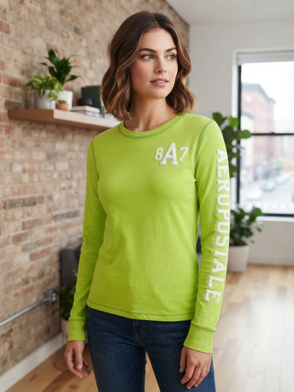 Vintage Y2K Aeropostale 1987 Lime Green Graphic Long Sleeve Tee Size L